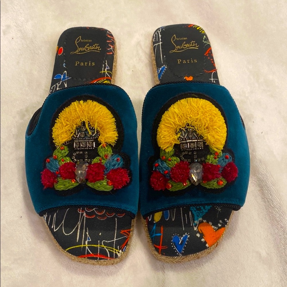Christian Louboutin Teal Embroidered Women's Slides